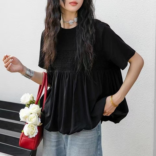 トップス シャツ 半袖 クルーネック プルオーバー ショート丈 切り替えデザイン 可愛い かわいい 大人可愛い きれいめ シンプル 上品 レトロ おしゃれ かっこいい カジュアル こなれ感 個性的