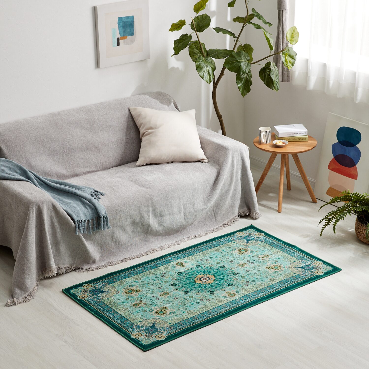 新品未使用 洗えてお手入れ簡単！ シルクタッチ ペルシャンデザイン カーペット オルタンシア 80×140cm グリーン