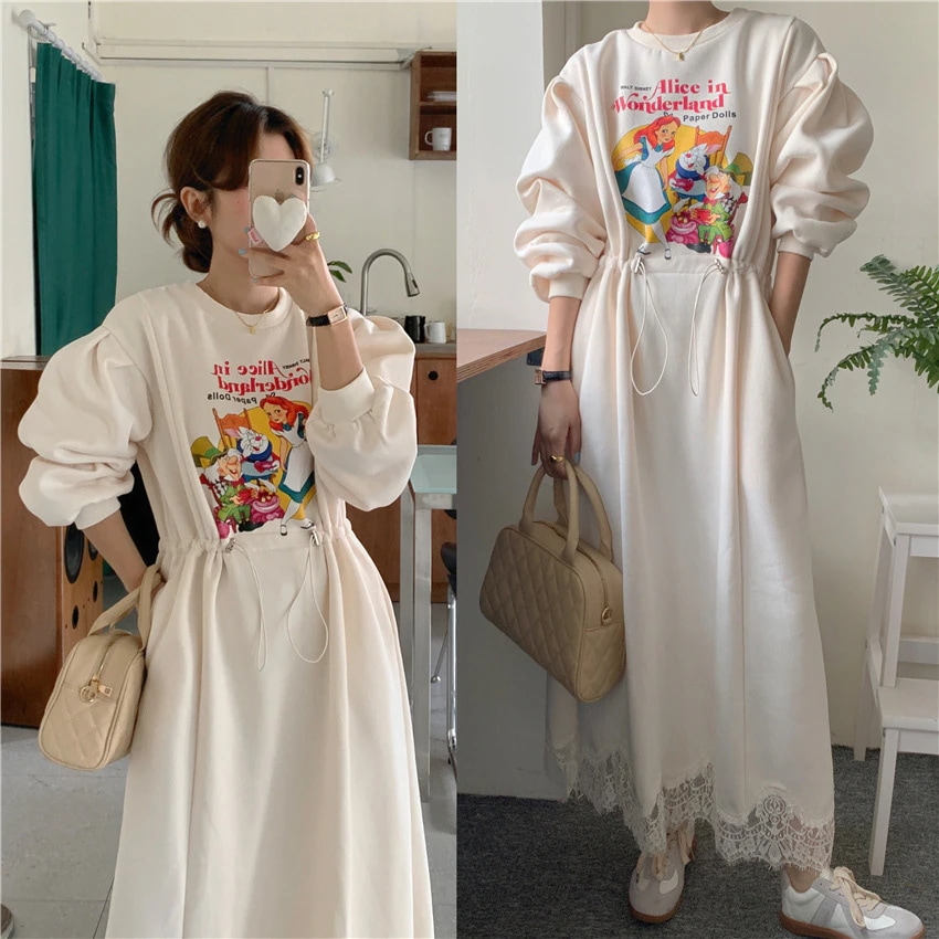 レディースファッション ロングワンピース 裏起毛 長袖ワンピース 防寒 スウェットワンピース 長袖 レース 厚手 韓国ファッション 体型カバー 着痩せ ワンピース