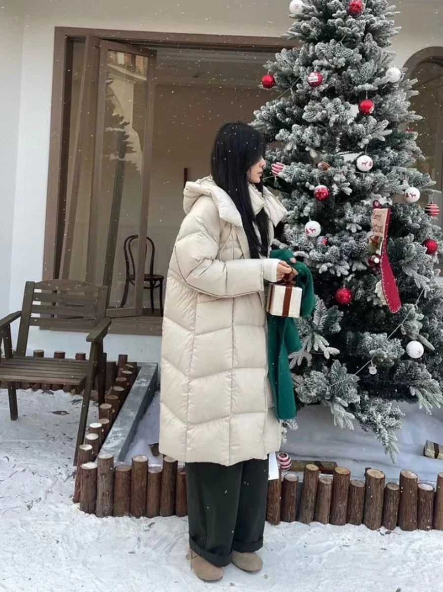 ベルトロングホワイトダックダウンダウンジャケット冬の女性シニアの感覚を厚く緩いカバー肉大きいサイズ膝ジャケット潮