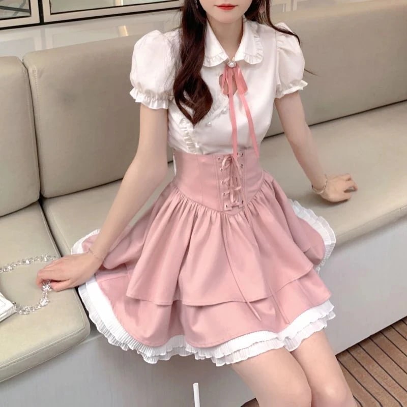 コスプレ セーラー服 2024 新作 バブル袖 着痩せ シャツ+ハイウエストスカート 二点セットサンタコスプレ
