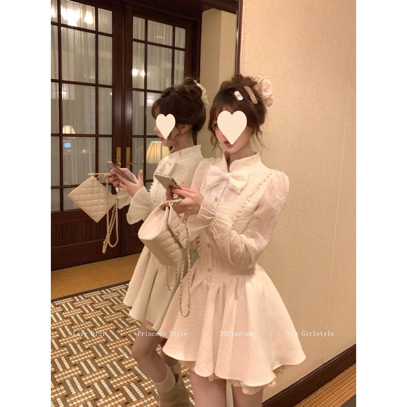 11 女性のためのフランスのシックな弓長袖のドレスウエストハギのデザイン冬用ハイエンドの小さなドレス冬のためのハイエンドの小さなドレス