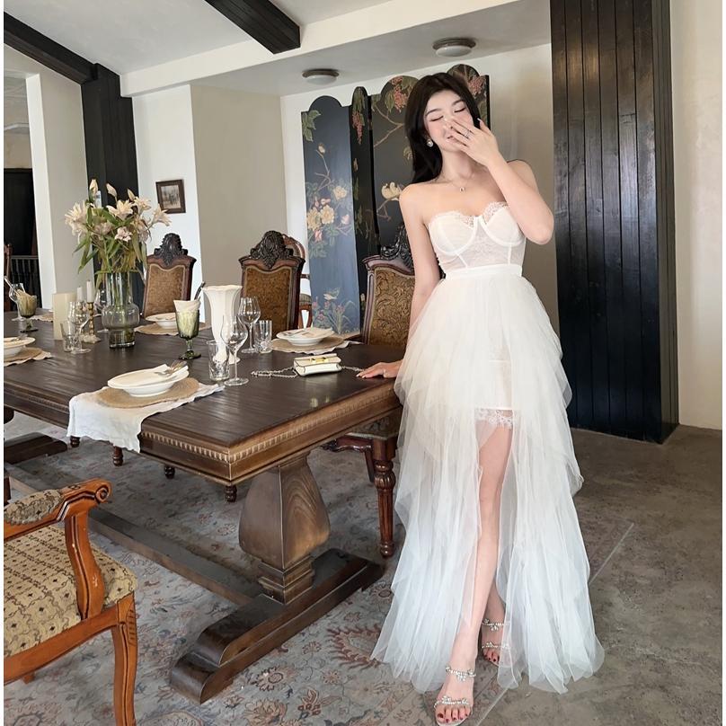 パーティードレス 花嫁 ベア チュール 結婚式ドレス [10月推奨/20%OFF]ピンク お洒落 ドレス 前短後長 パーティー ウェディングドレス 編み上げ