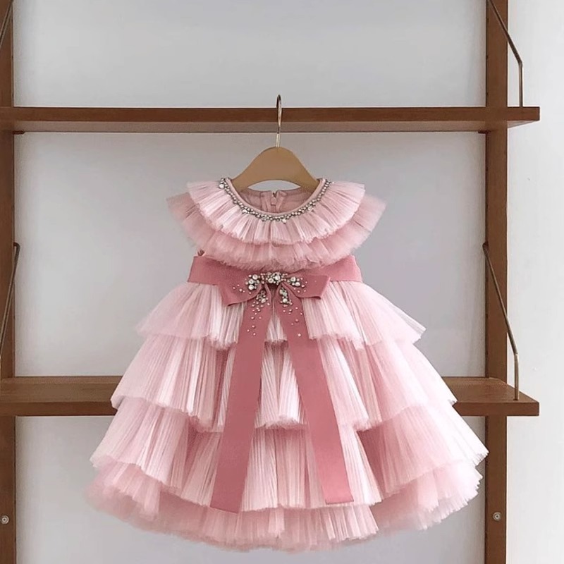 女の子のドレスプリンセスドレス2025子供のピンクの腫れたスカート誕生日弓の気質ふくらのある飾り