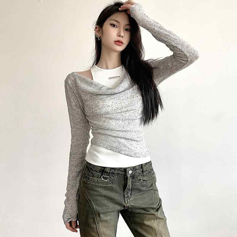 オフショルダー ニット sexy ショート 丈 クール レディース 長袖 セーター ノースリーブ ベスト 2点セット スリムフィット 多用途 デコルテ グレー