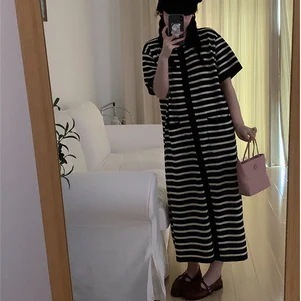 ワンピース レディース ボーダー ワンピ フロントボタン ロング きれいめ 個性的 春服 夏服 秋服 2色 半袖 SNS 映え 写真 映え モテ 流行 トレンド 高見え 楽ちん 細見え 日常使い 定番