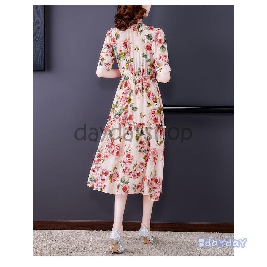 ワンピース 襟付き パフスリーブ 5分袖 とろみ 薔薇 フリル ウエスト切替 デザインボタン ロマンティック 甘め 蝶 ミドル丈 ラグジュアリー 8,713円