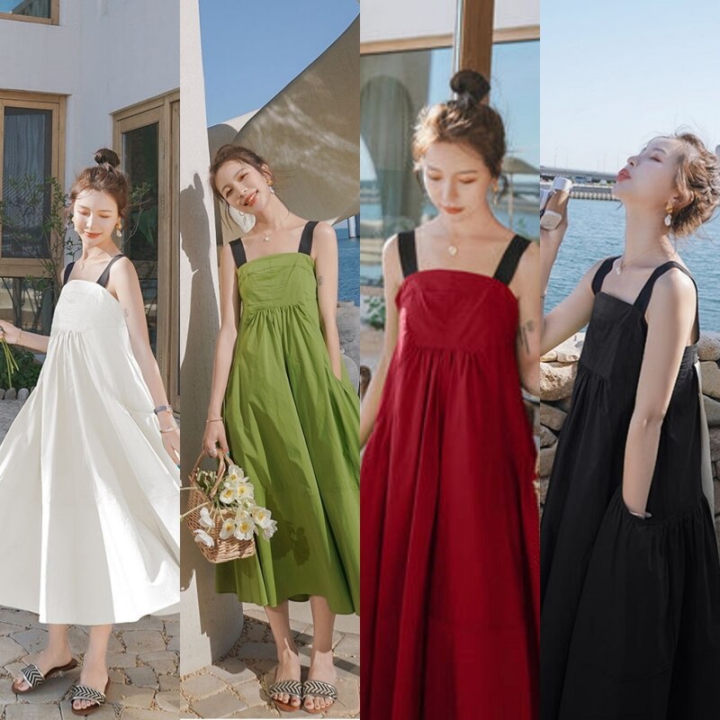 4色 ワンピース ノースリーブ 夏 カジュアル キャミワンピ ロング丈 スクエアネック BIGシルエット ワイド 背中魅せ バックリボン ポケット 色展開 ホワイト ブラック レッド グリーン S M