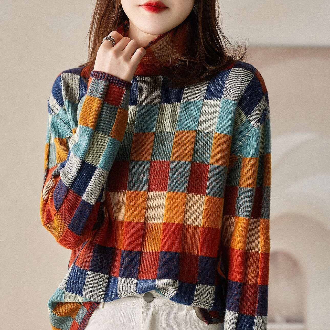 トップス レディース ニット セーター S M L XL 韓国 プルオーバー 長袖 ハイネック 配色 かわいい 大人可愛い きれいめ カジュアル 大人 上品 おしゃれ お洒落 ラフ エレガント 主役級