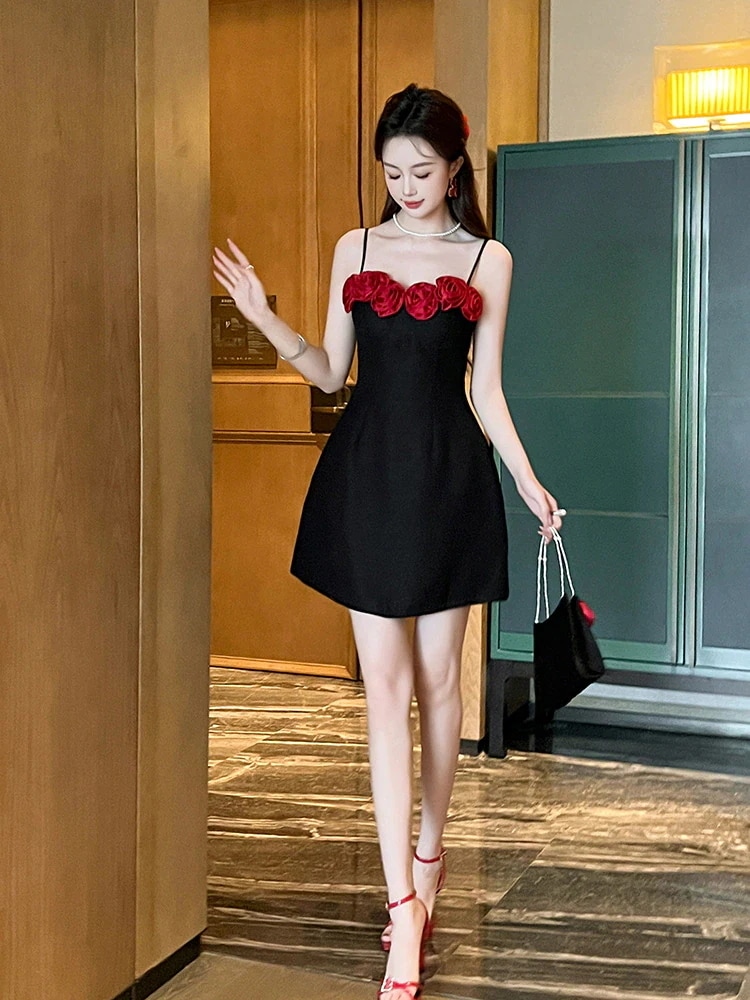 2025夏新品 キャミワンピース ショート ローズ飾り ドレス パーティー キャバ 大人 同窓会 披露宴 卒業式 結婚式 演奏会 ウェディング 二次会 メガ割30%までに制限