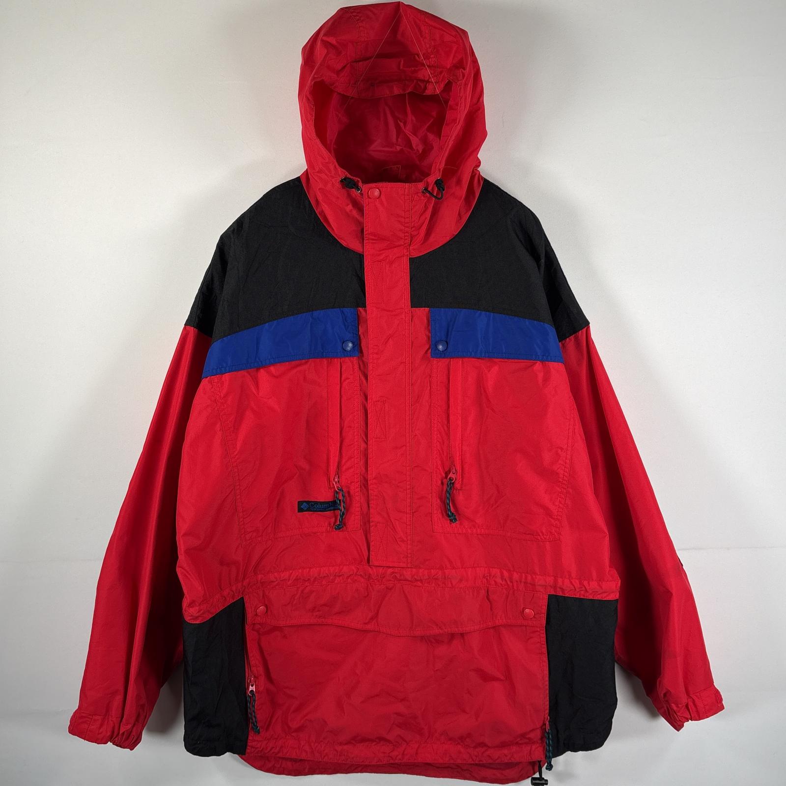 古着 ナイロンジャケット アノラックパーカー 大きいサイズ ハーフジップ ワンポイント レッド マルチカラー メンズ