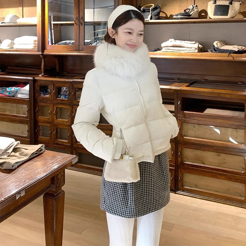 レディース 90% ホワイトダックダウン ショートダウンジャケット ホワイトファーカラー付き 2025年冬新作 スリム見え厚手コート