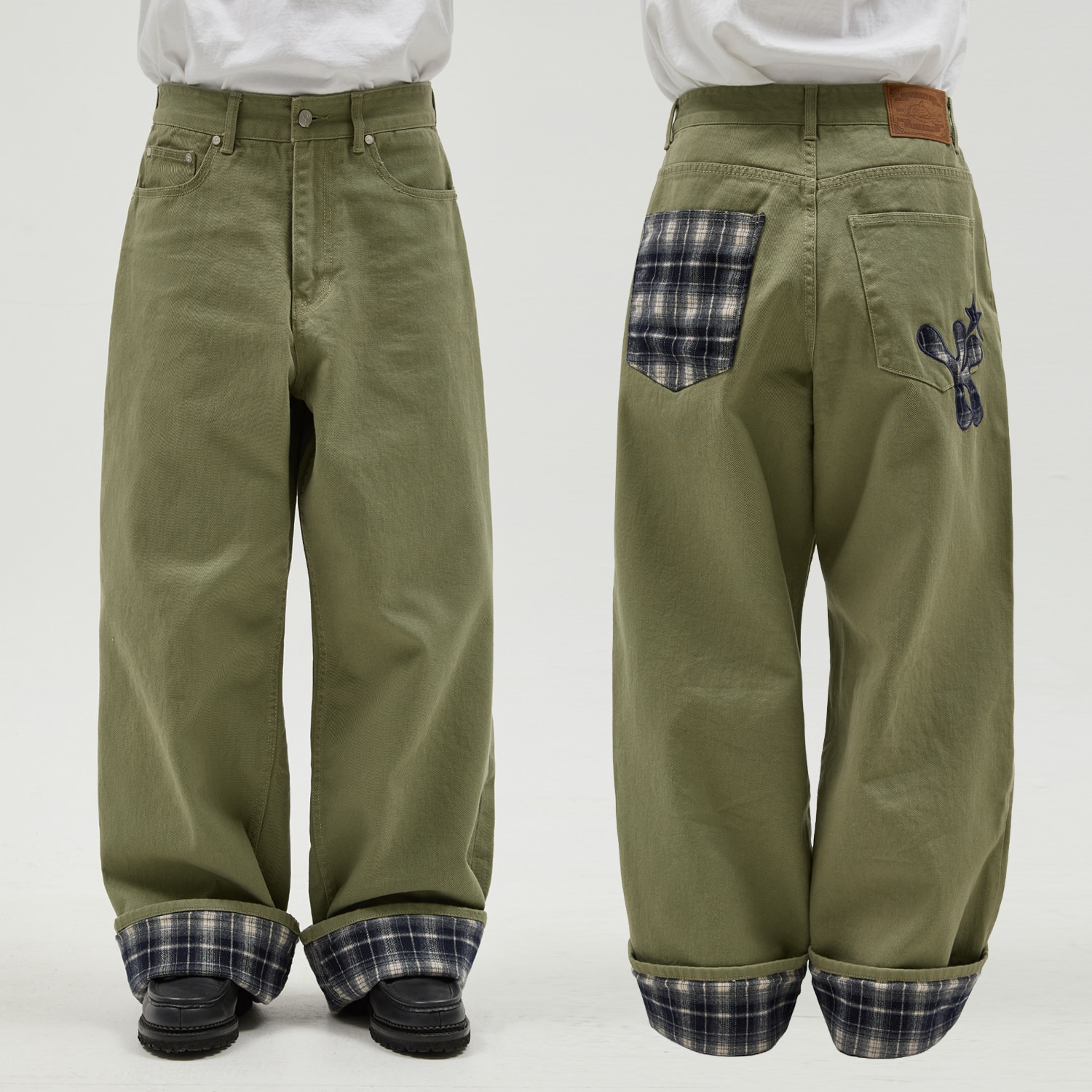 Check Applique Roll Up Cotton Pants KHAKI