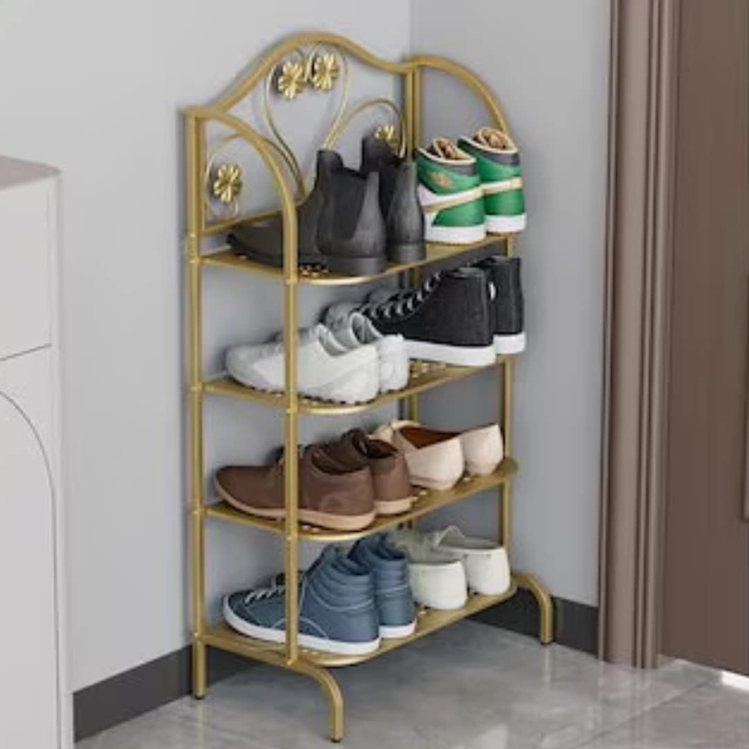 シューズ ラック 4段 凹凸 デザイン おしゃれ かわいい 収納 下駄箱 靴箱 大容量 玄関 滑り止め 付き ゴールド シルバー ブラック