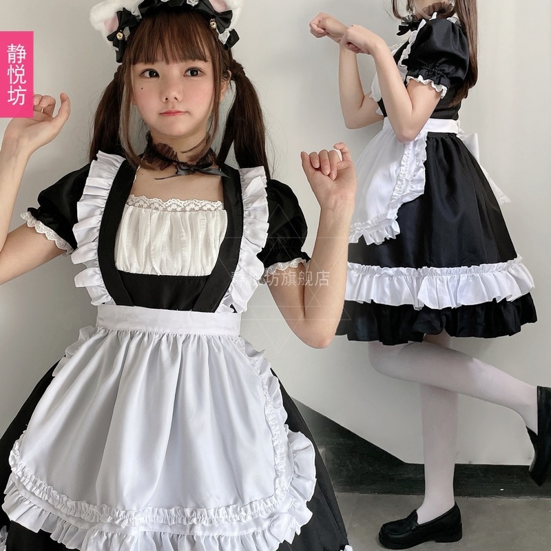 日本の白黒メイド衣装レディースコスチューム大きな猫衣装ロリメイド大きいサイズcosかわいいロリータドレス
