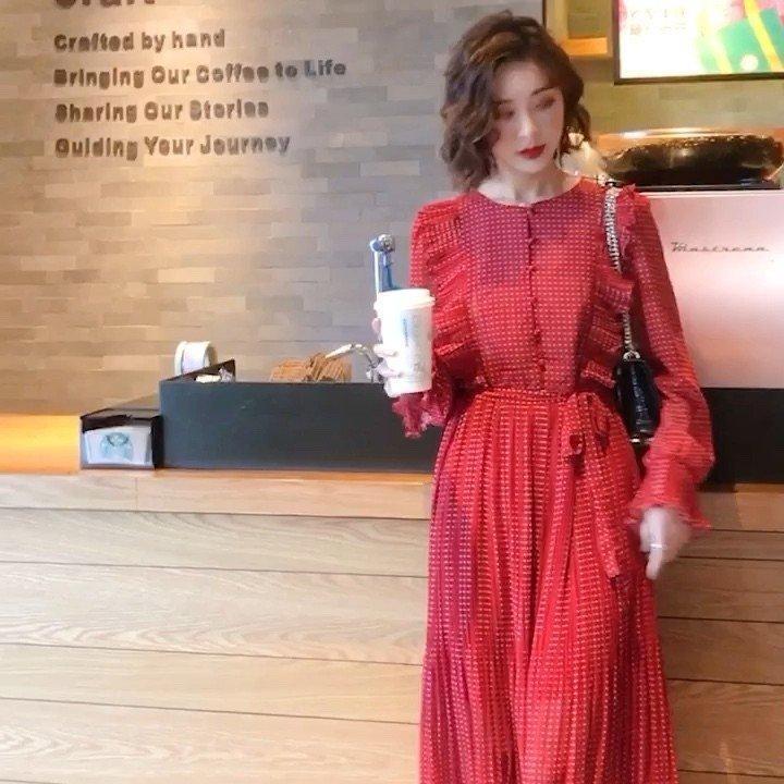 春 ワンピース シフォン シャツワンピース 長袖 Aライン フリル フレア ハイウエスト ミモレ丈 ロングワンピース 安い 可愛い