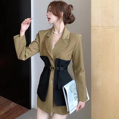 【急速出荷 2025年新作】アウター ジャケット 韓国 無地 Vネック 秋 冬 春 長袖 テーラード ミドル ロング おしゃれ 可愛い 大人っぽい 個性的 バイカラー オーバーサイズ ゆったりめ 大き