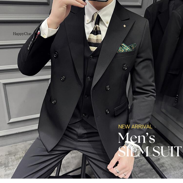 ダブルスーツ 3ピース メンズスーツ スリムスーツ 洗える スリーピース ビジネススーツ タキシード 紳士服 発表会 前撮り フォーマル 黒 冠婚葬祭 キャリア リクルートスーツ 通勤 オフィス 面接