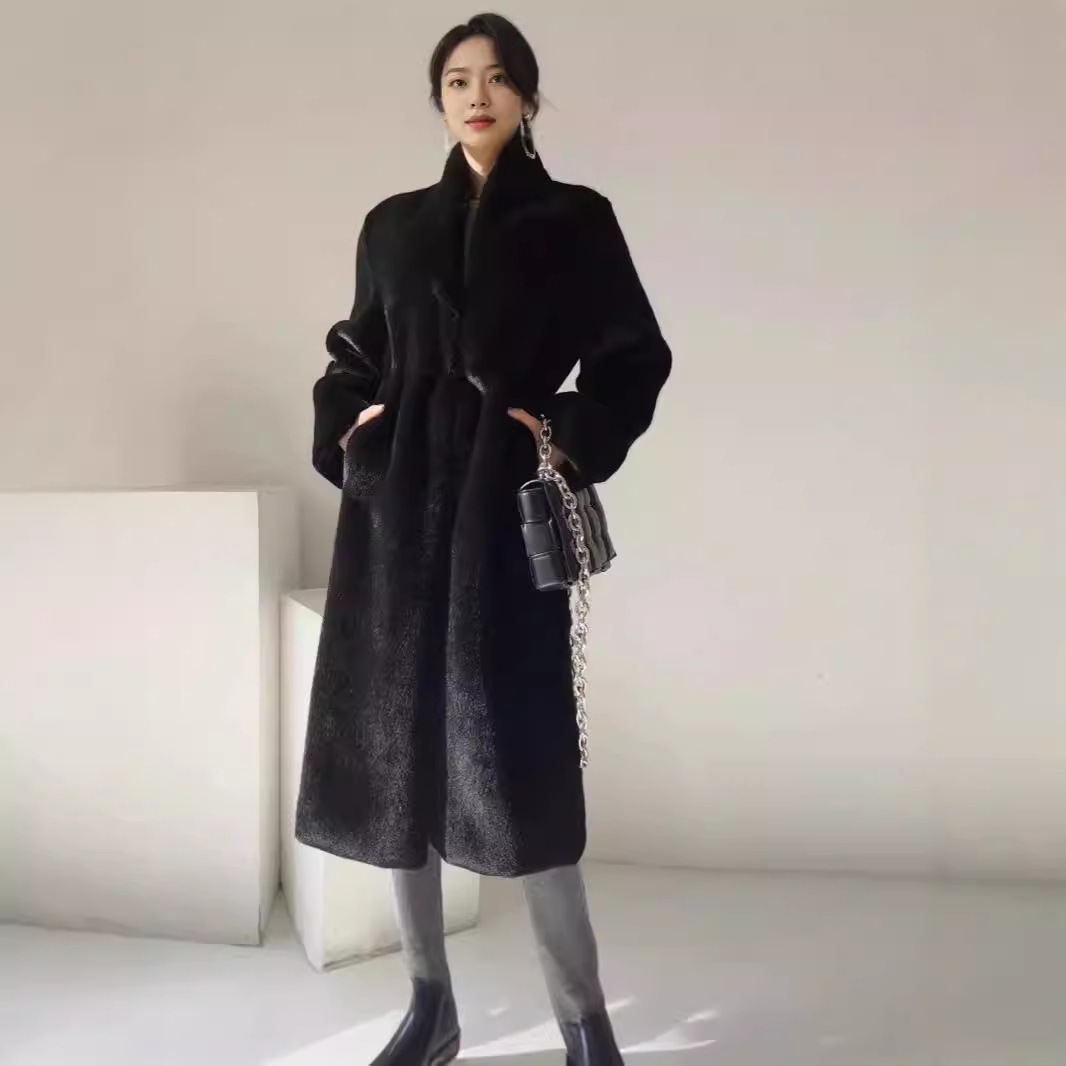 2024年新作ブラックイミテーションミンクベルベットイミテーションファーミンクコートミドル丈レディースプラッシュコートスタンドカラー冬