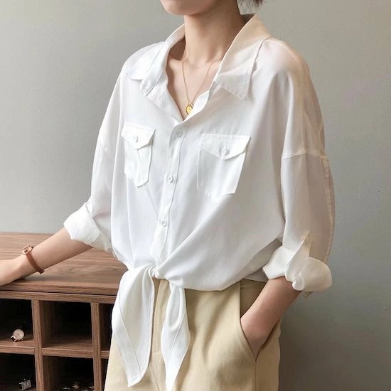 シャツ レディース 長袖 デザイン センス ニッチ 春 秋 夏 レトロ 香港風 タイアップ プチ ミッドスリーブ フレンチ ショート 日焼け止め トップ ブラウス レディースシャツ 長袖シャツ