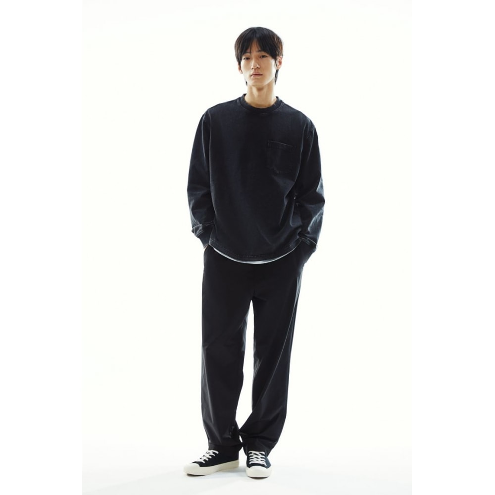 H&M ウォッシュルックジャージートップルーズフィットビンテージブラック