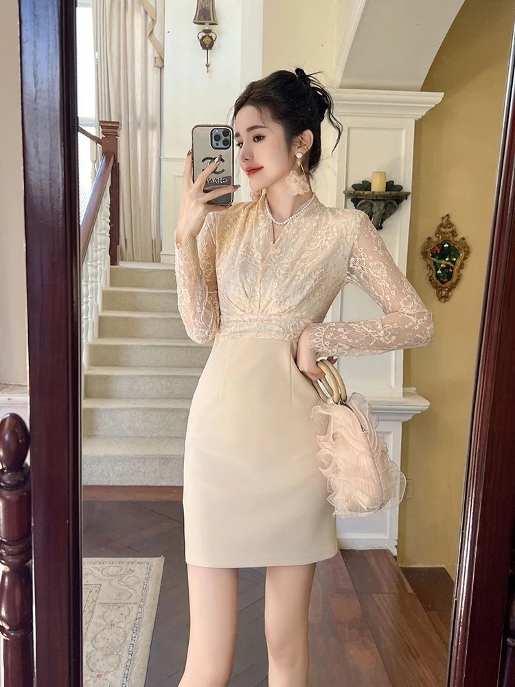 【JY.上品】 秋冬 レース ショートワンピース vネック パーティードレス キャバ 着痩せ 大人 お呼ばれ 同窓会 披露宴 卒業式 結婚式 ウェディング 二次会 5,211円