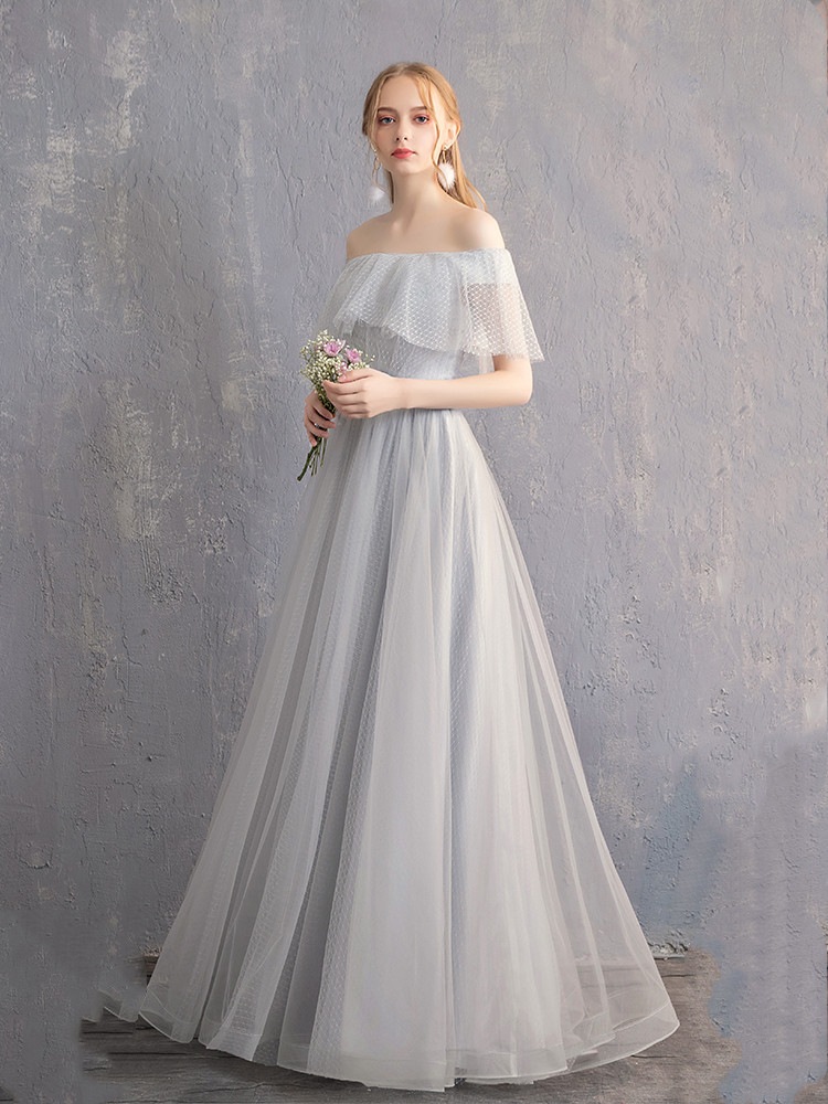 ブライズメイド ドレス ロング グレー 4タイプ お揃いドレス お呼ばれドレス パーティードレス 結