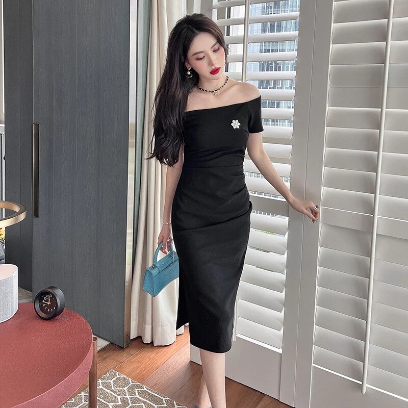 夏/新作/婦人服/通勤/気質/ストレートネック/ストラップ/スリムフィット/パックヒップ/韓国ファッション ワンピース/ミドル丈スカート