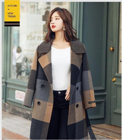 2022秋冬季新品韩版气质格子中长款毛呢大衣女收腰系带毛呢外套潮 5,459円