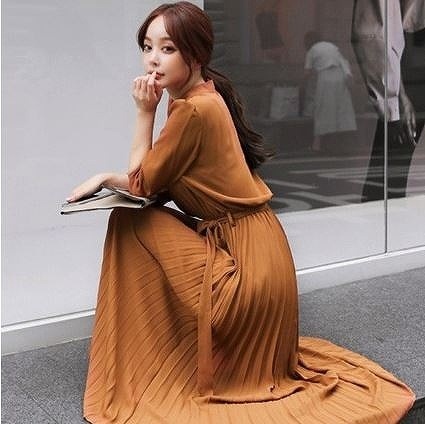 現品限り一斉値下げ 秋冬ファッション トレンドカラー A009 秋服 ロング ワンピース プリーツ ウエストリボン