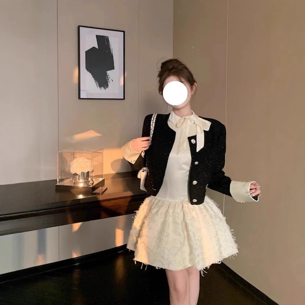 セットアップ 韓国ファッション 涼しく楽ちんセット フレンチテイストセットアップ リボンベストワンピース女性用 ショート丈アウター2点セット