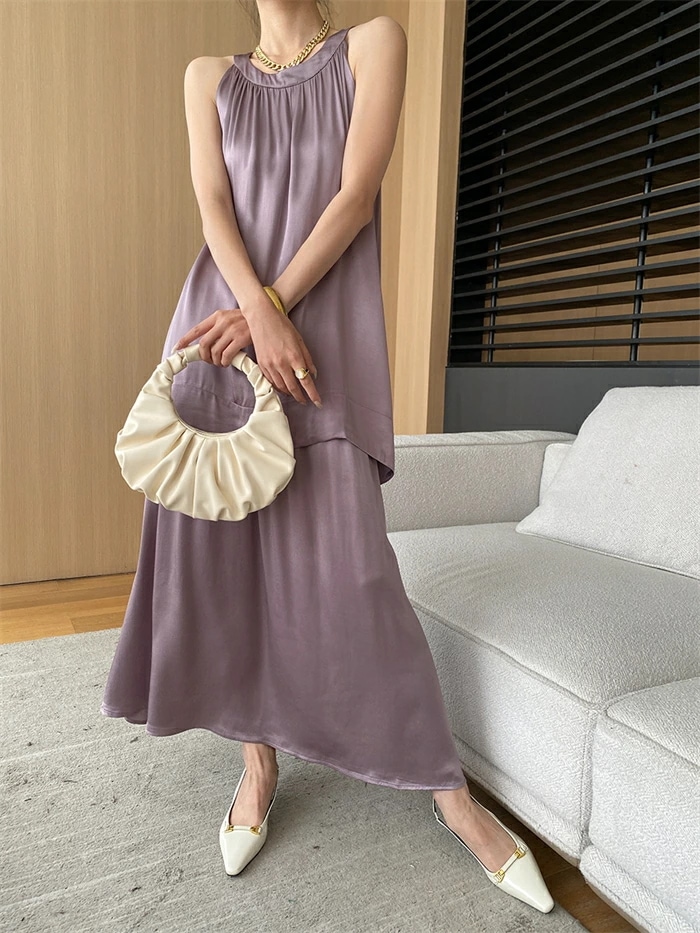 セットアップ レディース ロングスカート ノースリーブ ブラウス 春 夏 トップス シルク風 光沢感 ブラウス ギャザー フォーマル ハイウエスト 華奢魅せ 上品 2点セット 高級感 涼しい 着痩せ