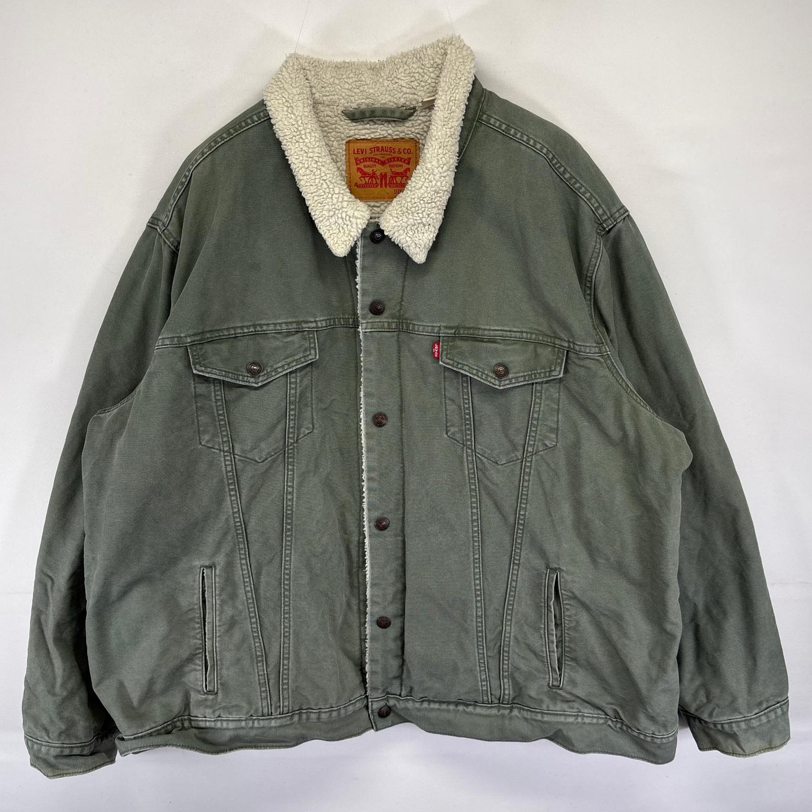 古着 ダック ジャケット 裏ボアライナー ボタン 大きいサイズ ワンポイントロゴ 3XL グリーン系 メンズ