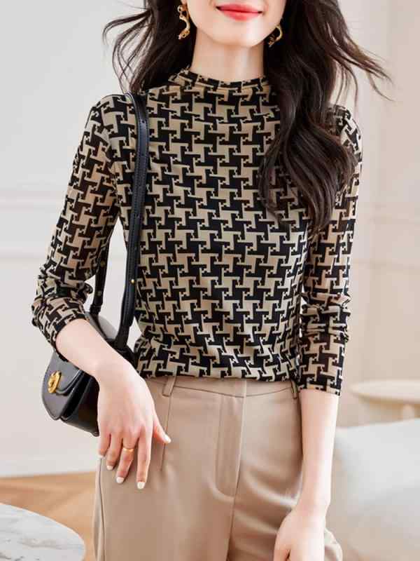 ブラウス 女性用 ハーフハイネック 千鳥格子 カジュアル おしゃれ 春秋 長袖 レトロ スリム インナーウェア 韓国 ファッション レディース