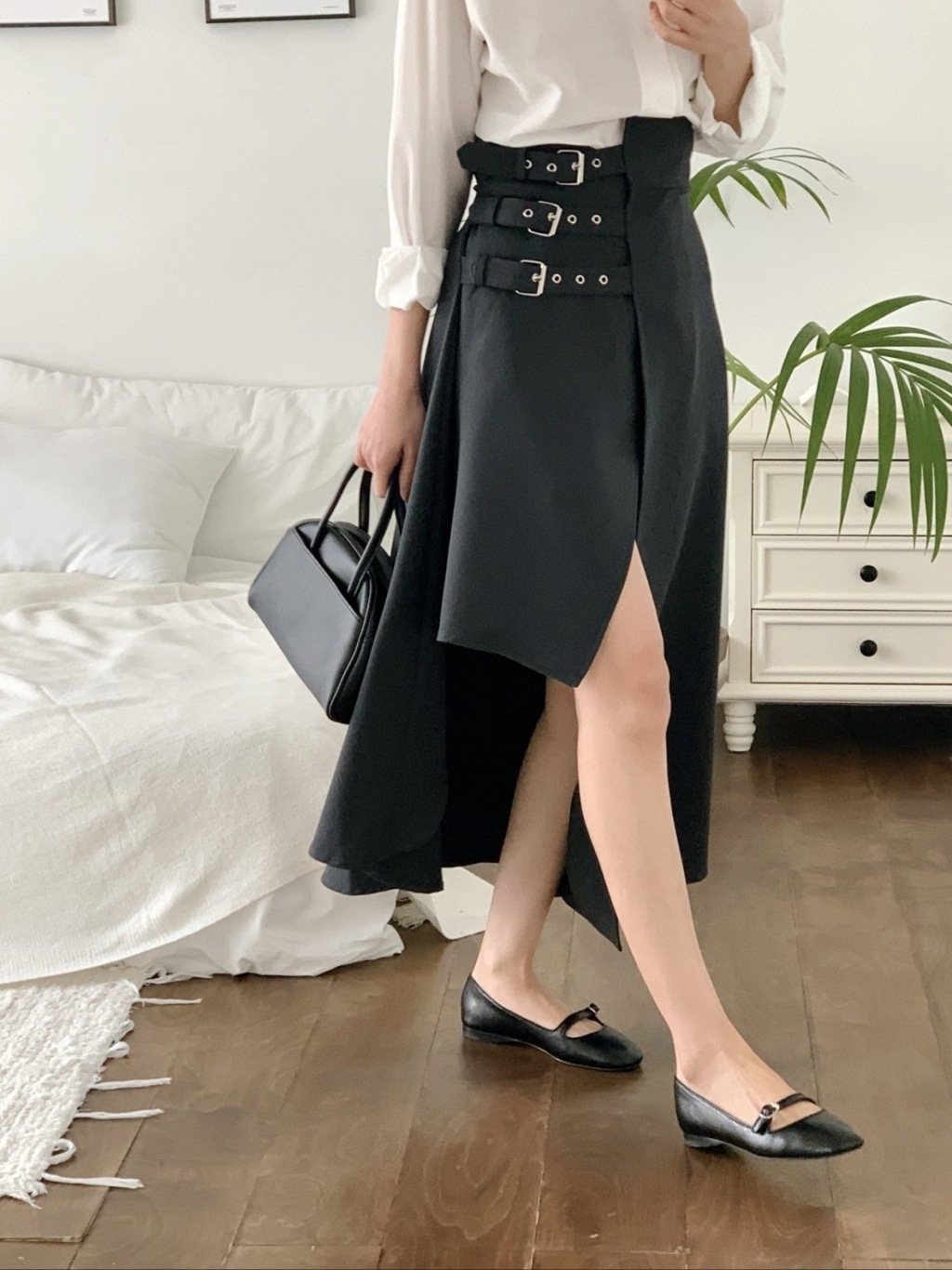 ヒック バックル アンバランス ロング スカート (2color)