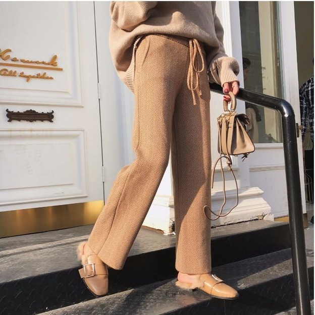 ウール混 秋冬 ウールパンツ ワイドレッグパンツ ヘリンボーン柄 韓国 レディース オルチャン パンツ ロング ロング丈 ストレート ワイド かわいい 大人可愛い きれいめ シンプル 大人