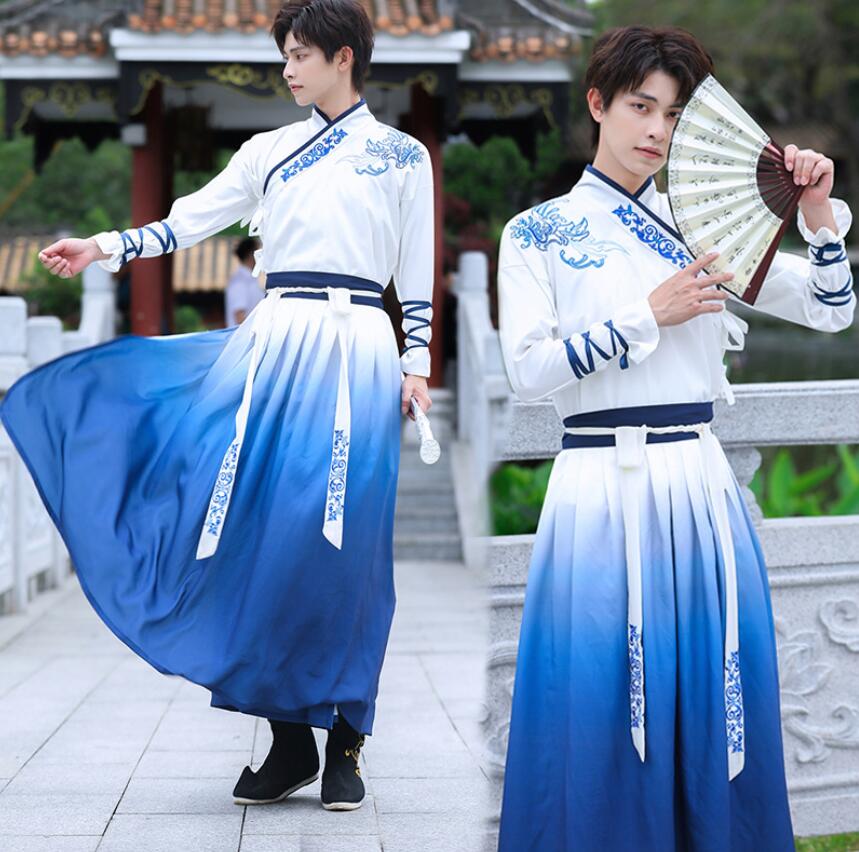 【2025新作入荷】唐装漢服メンズコスプレ衣装チャイナハロウィン舞台ステージダンス衣装 2点セットアップ演出服グラデーション古代 大人用 長袖 交差襟コスプレ衣装トップス 袴スカート学園祭パーティー中