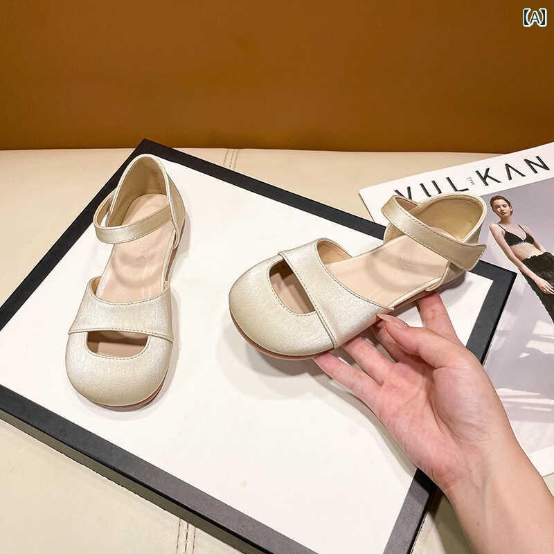 キッズ ジュニア シューズ 靴 女の子 サンダル ミュール トゥキャップ フラットヒール プリンセス 春夏 ソフトソール 滑りにくい 学生 子供 革靴