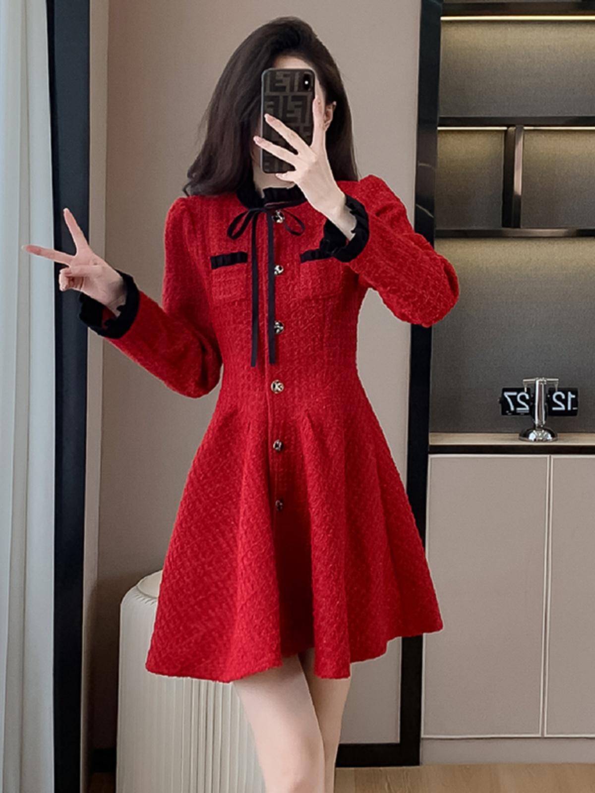 ワンピース ニューデザイン レッド 小さい香風 女 秋冬 高級感 ウエスト引き締め 気質 ファッション A字スカート スカート枚