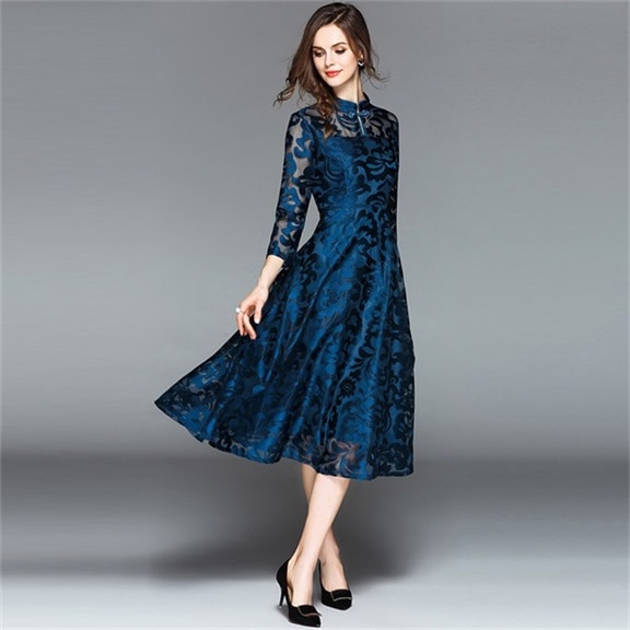 華奢見えフェミニン 総レースワンピース ワンピース ワンピース 二次会 清楚 着やせ シック フォーマルワンピース 長袖ワンピ-ス パーティードレス 花柄 大人 30代 40代 高級 大きいサイズ 膝