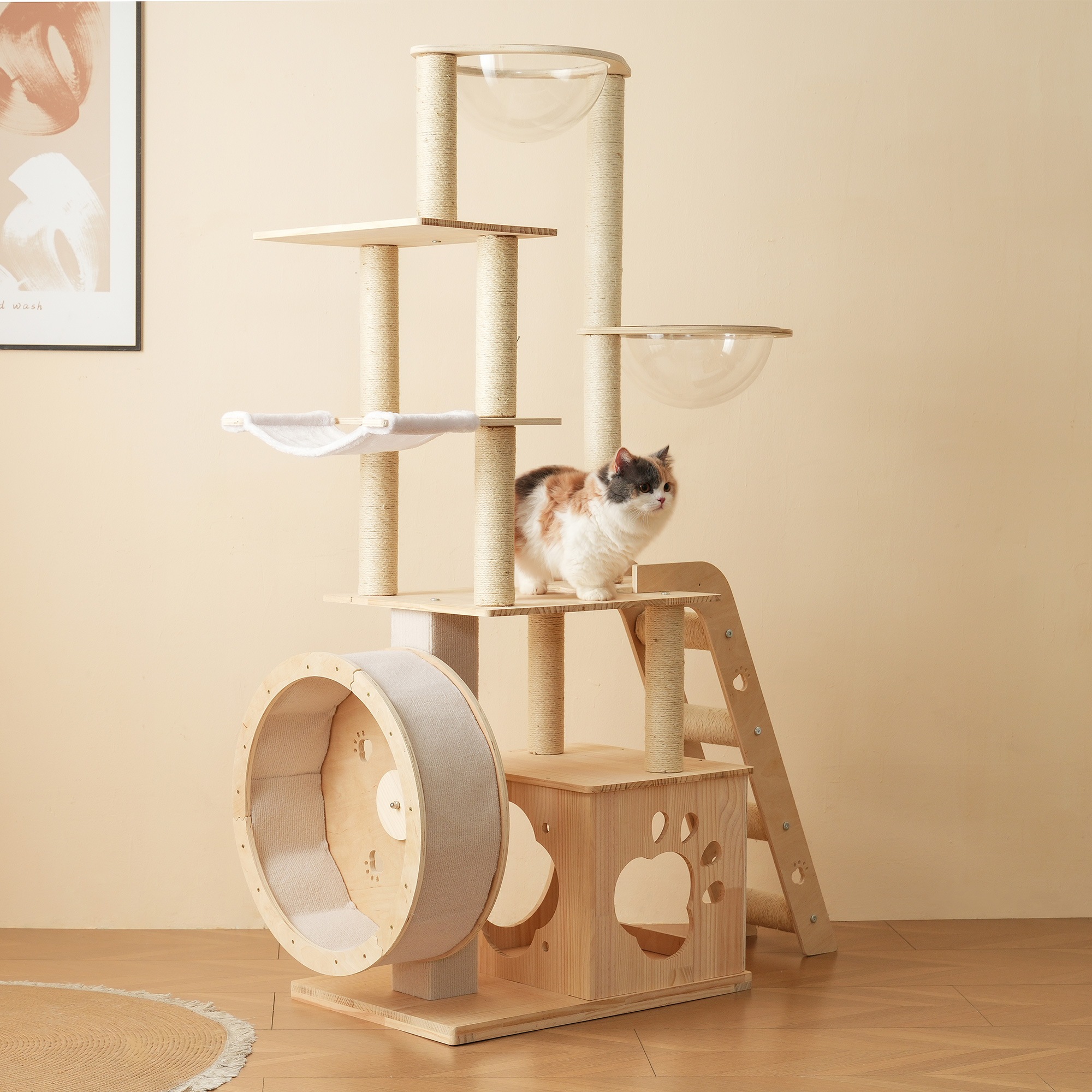 【猫タワー キャットツリー 据え置き ランニングホイール付き 多頭飼い 宇宙船 ネコタワー 高さ165.5cm 上り下りしやすい 爪とぎポール 木製 可愛い 子猫 大型猫 ペット用品114