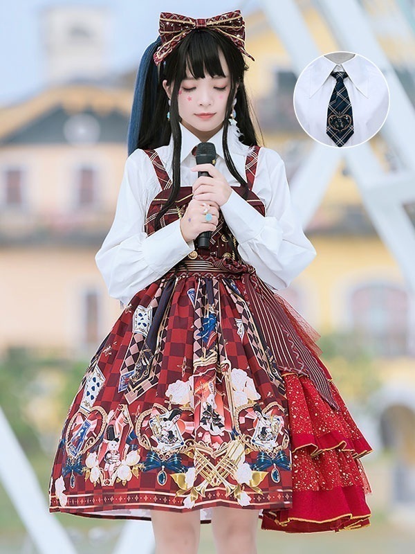 【短納期】甘いロリータJSKドレス　赤黒　ポリエステル　ネクタイ　アイドル服　ロリータジャンパースカート