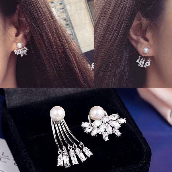 プチブーケパールバックキャッチピアス 1ペア 両耳 クリスタルのアシンメトリーなキャッチに天然の真珠ピアスをセット 18金ホワイトゴールドメッキ 女性 彼女 プレゼント ew-00-00759xx