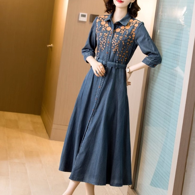 ワンピース シャツワンピース ロング ロング丈 袖あり 7分袖 七分袖 襟付き セミフレア Aライン ポケット ハイウエスト 前開き 綿 デニム かわいい 大人可愛い シンプル おしゃれ レトロ