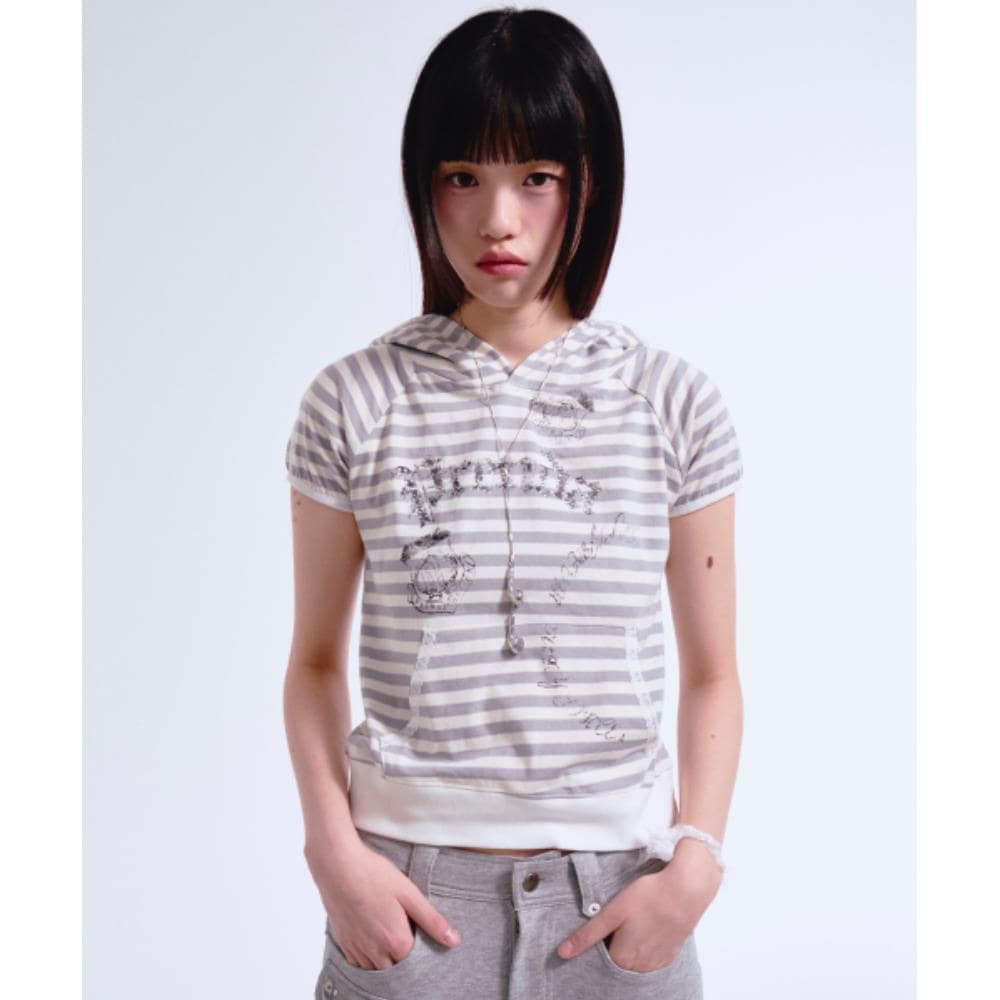 PRENDA STRIPE HOODIE SHORT SLEEVE GRAY PRTVSUHD10WC4