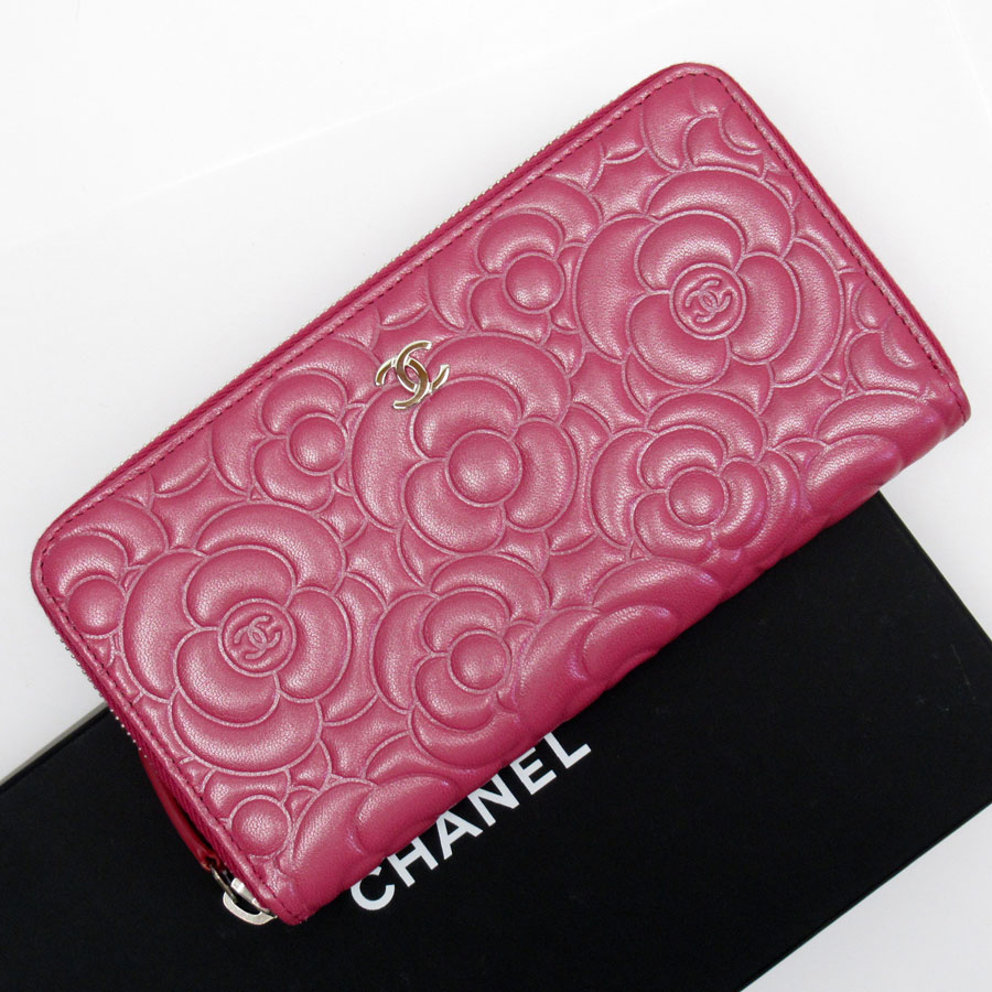 シャネル CHANEL ラウンドファスナー長財布 カメリア レザー ピンク レディース t19372f