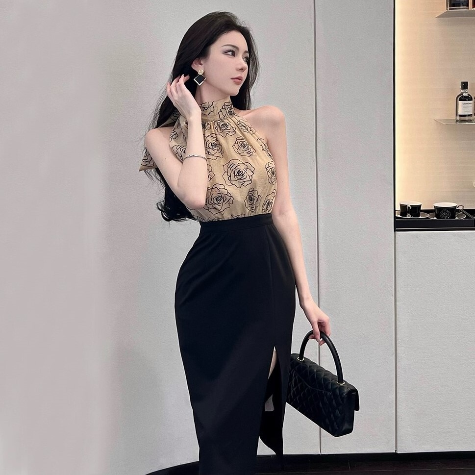 ワンピース タイトスカート 膝丈 ミモレ丈 袖なし ノースリーブ ラウンドネック スリム 細身 ストレート Iライン 切り替えデザイン ドッキング スリット サイドスリット ハイウエスト 薄手