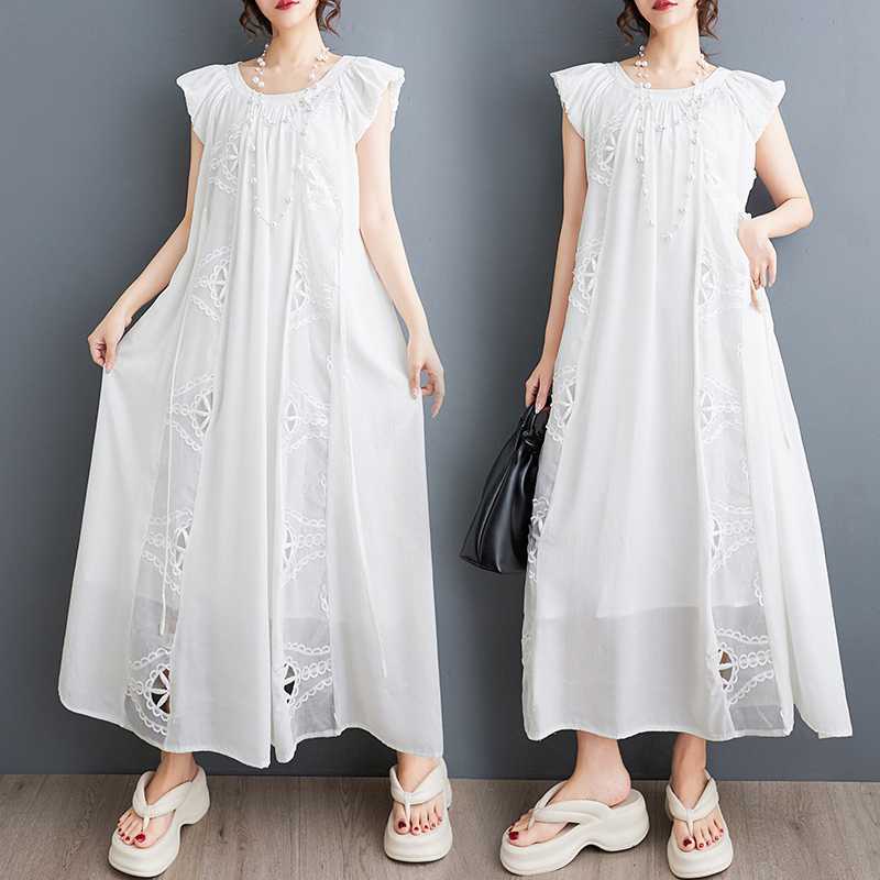 「ファットガール」 2024夏新品 刺繍 ノースリーブ ワンピース 裏地付き フリル 大きいサイズ 体型カバー ロングワンピース メガ割30%までに制限