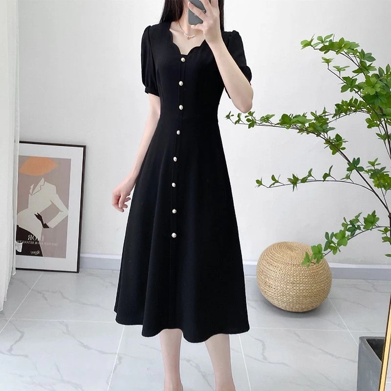 ワンピース 2024新作高級ワンピースフレンチ夏半袖ハイウエスト腹部カバーVネックブラックミディアムシフォンスカート