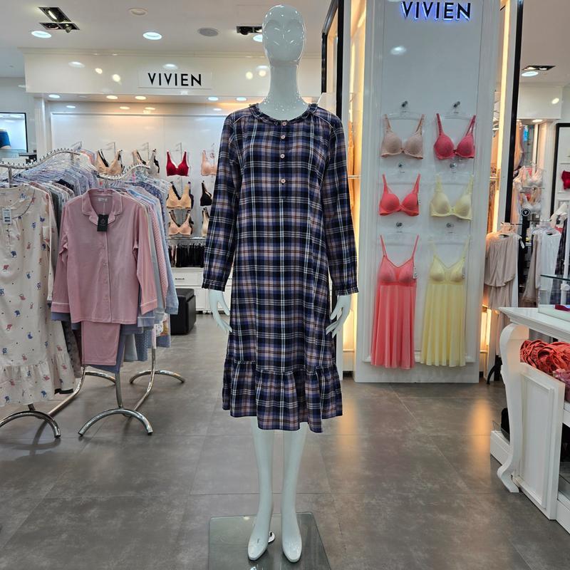 綿起毛チェックホームウェア 女性ワンピースパジャマ GW8870A